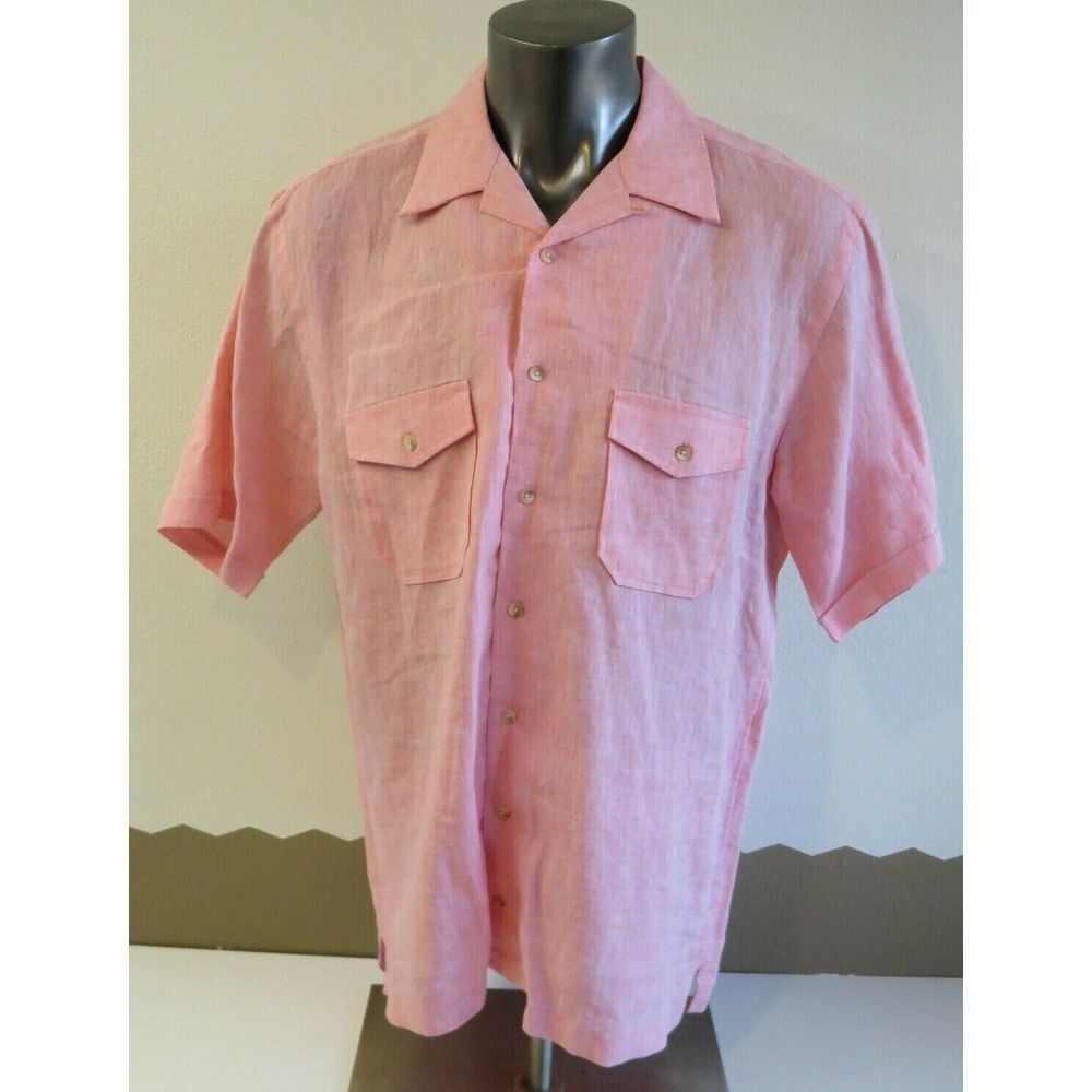 Mens Paul Fredrick Short Sleeve‎ Button Front Pocket Shirt Size LT Pink Linen